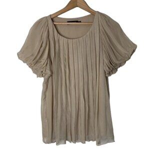 Miss Me MM Couture Silk Blouse Pleated Short Sleeve Taupe Beige Size Small